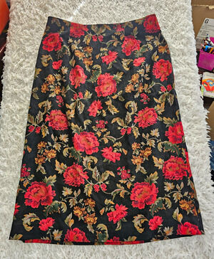 Briggs New York Vintage Floral Maxi Skirt Plus Size 18W Black Red Vent Goth